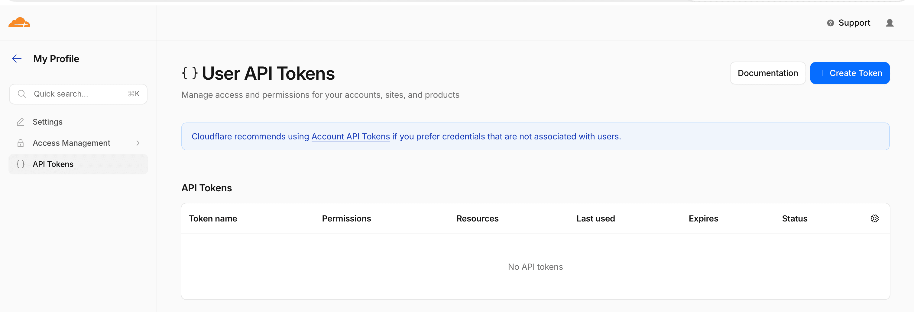 Cloudflare User API Tokens page with Create Token button in the top right