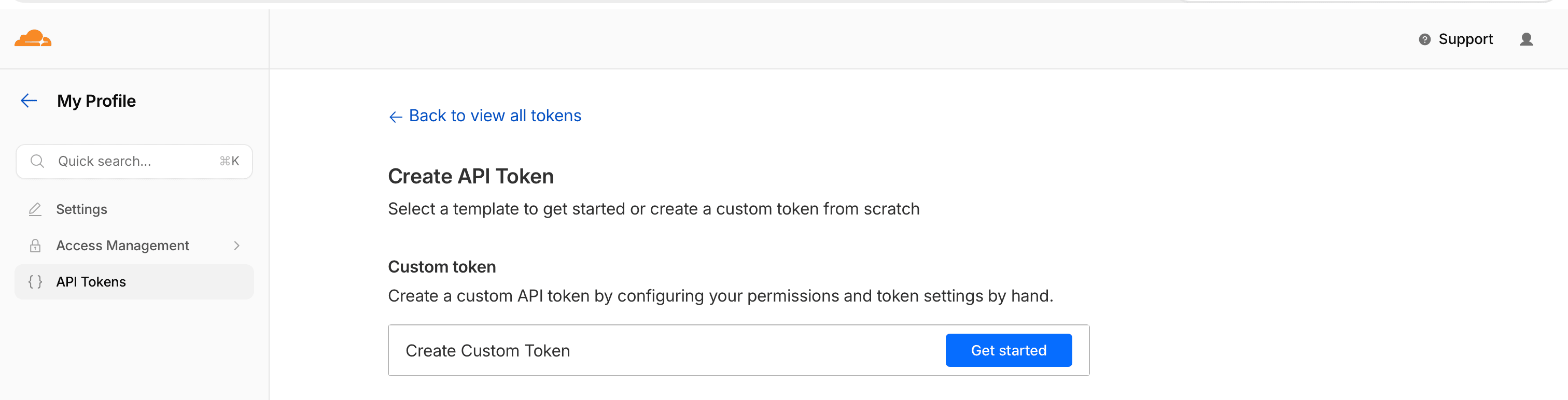 Cloudflare Create API Token page showing the Custom token template with a Get started button
