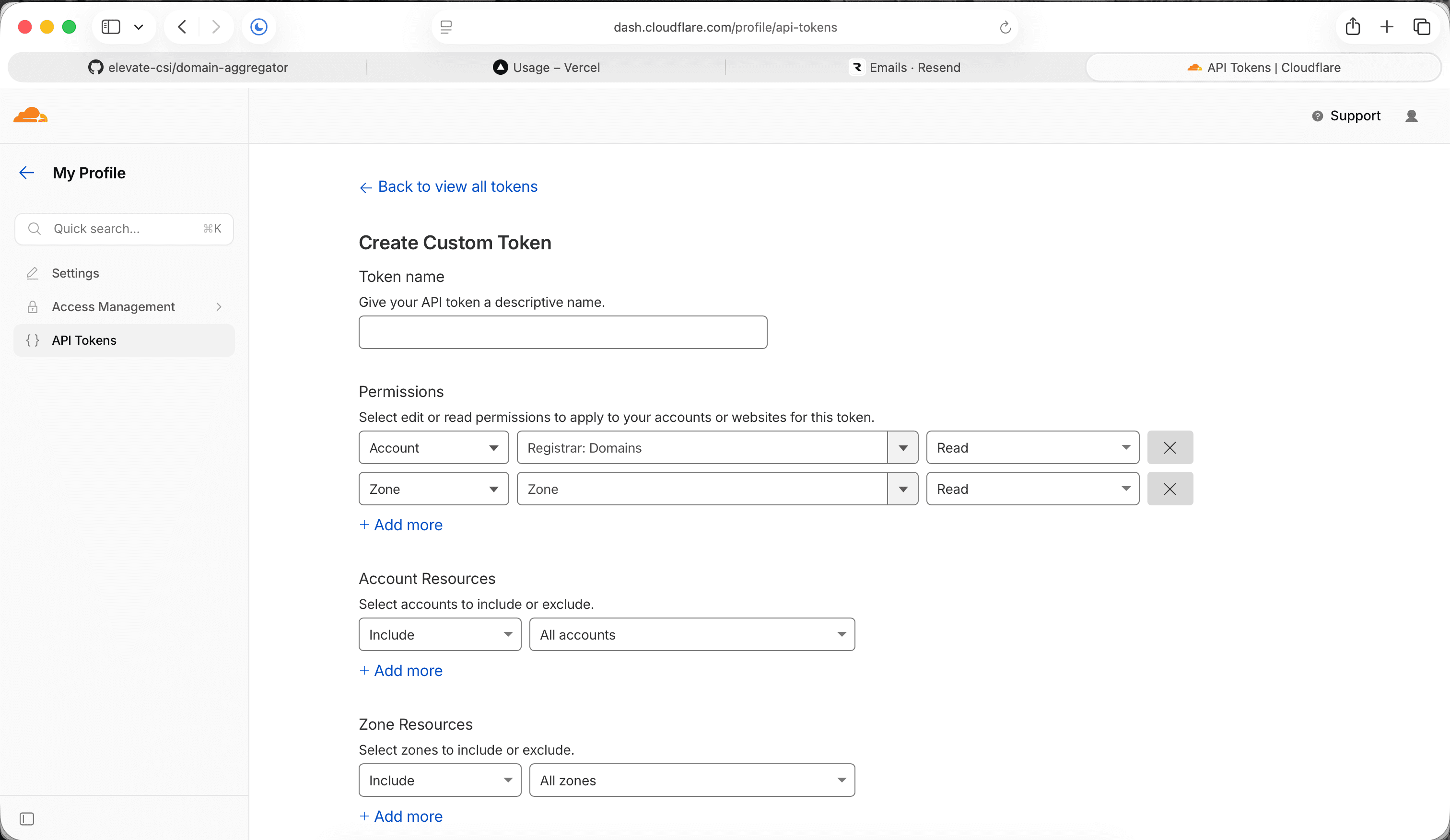 Cloudflare custom token form showing Account Registrar Domains Read and Zone Zone Read permissions